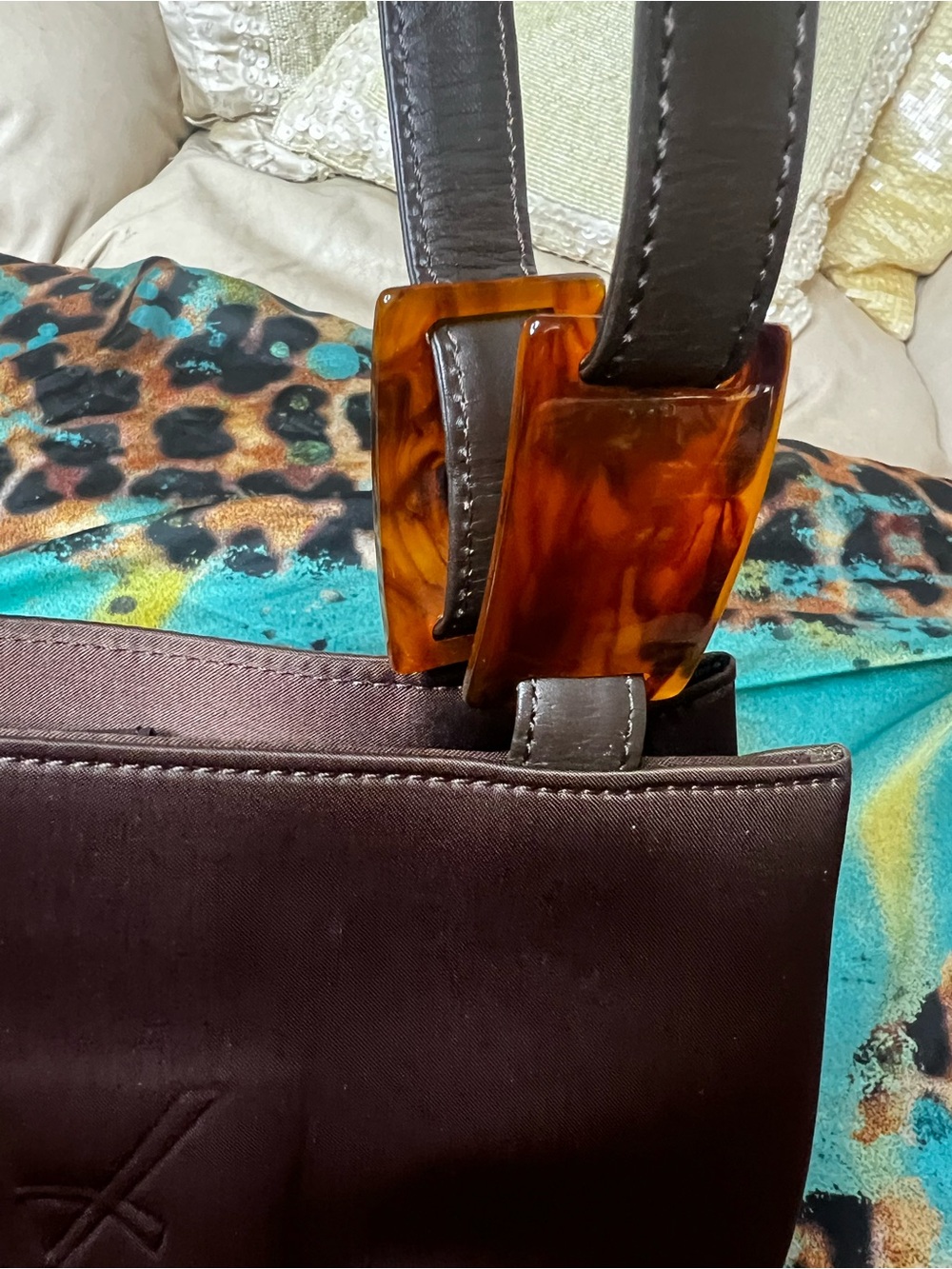 Yves Saint Laurent YSL Vintage Brown Satin Shoulder Tote Bag Vintage Tortoise - Picture 7 of 12